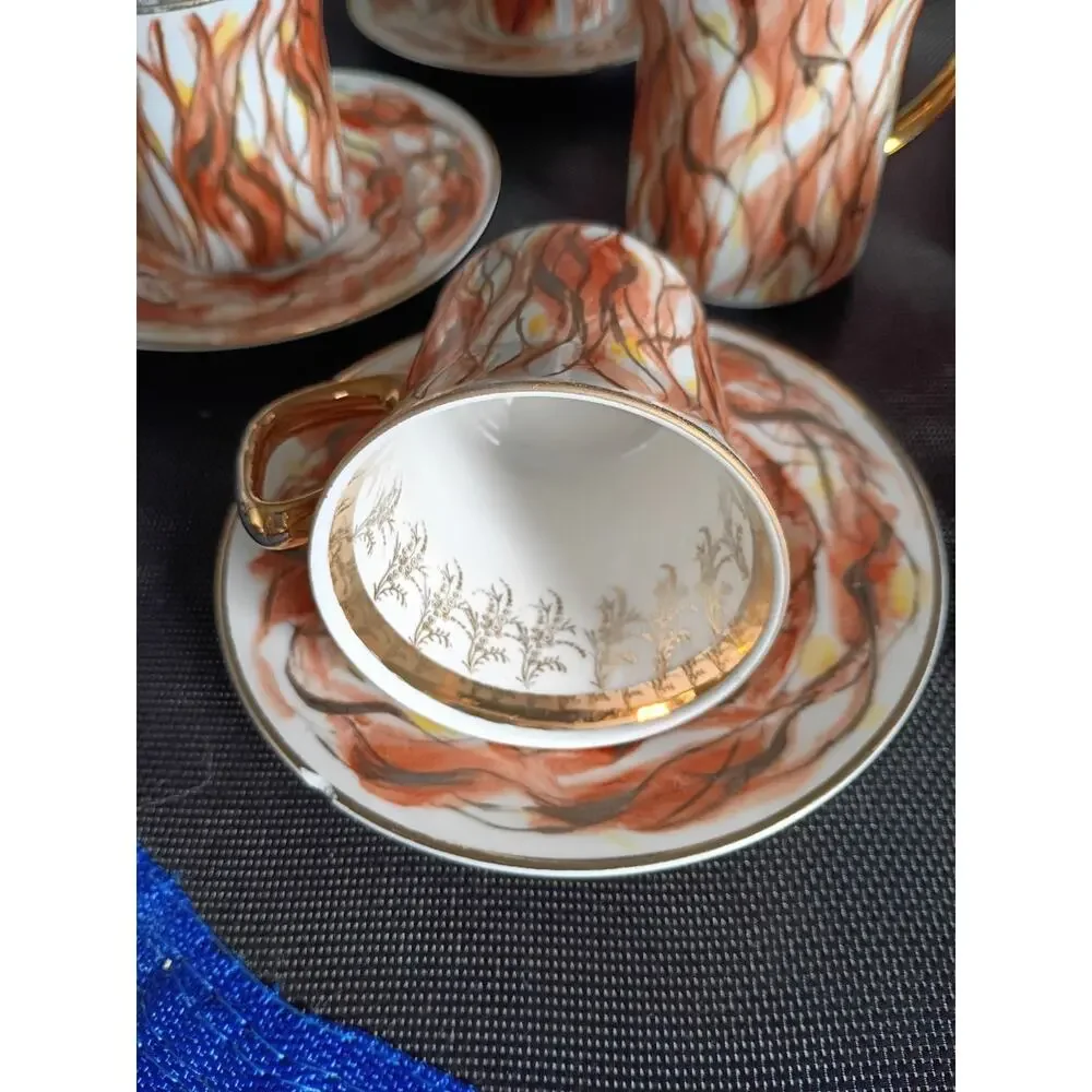 Vintage Włocławek Poland 17 Pc Porcelain Tea Coffee Set Abstract Flame Gold Trim
